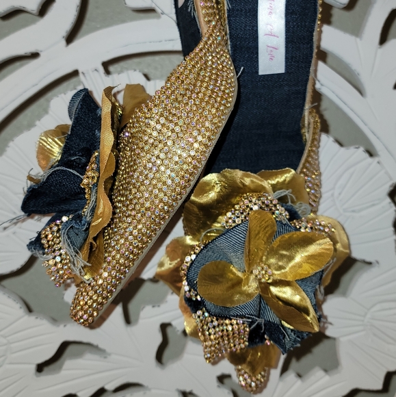 Custom Order "DALLAS" Denim & Diamonds AB Gold Crystal & Denim Mules - Picture 2 of 7